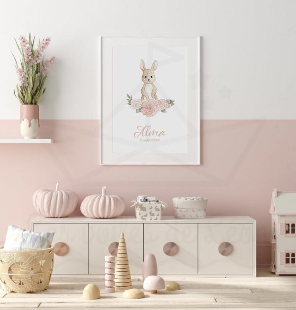 cadre lapin roses prénom date déco chambre bébé fleurs