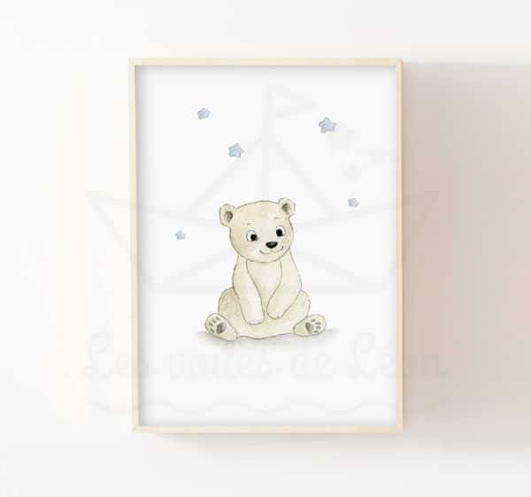 Affiche bébé ours polaire étoiles