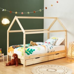 lit cabane en pin avec rangement