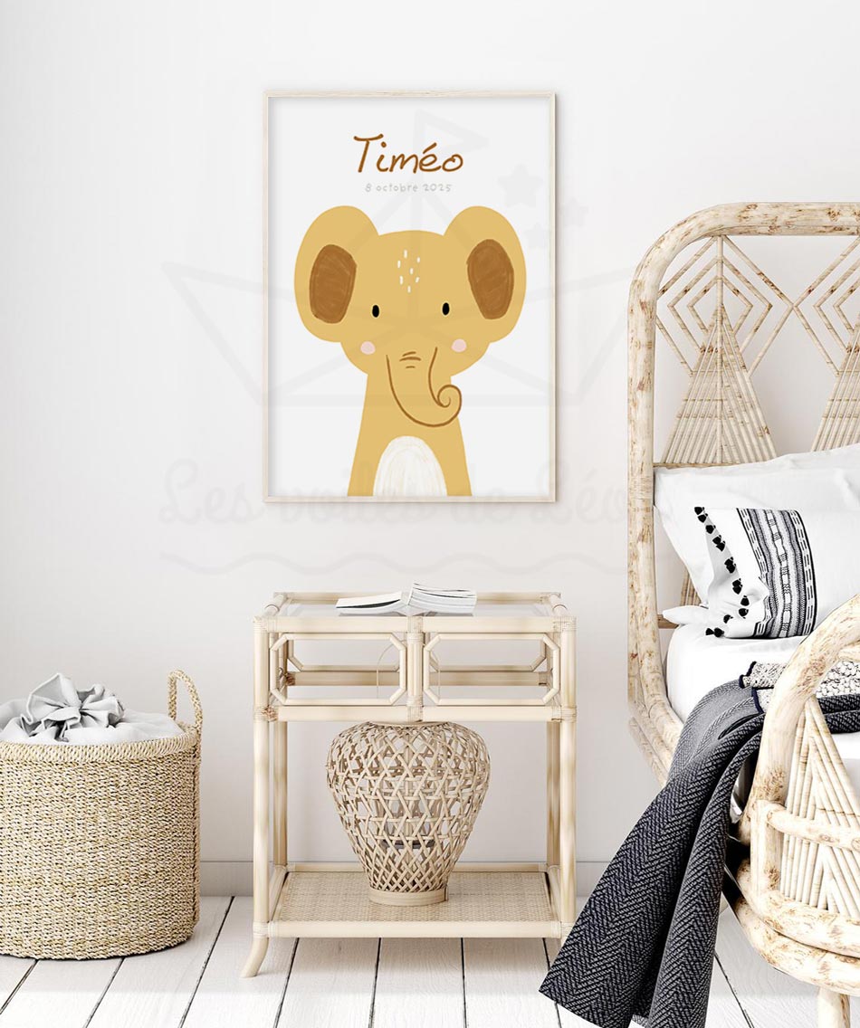 affiche éléphant sable déco chambre bébé prénom personnalisé