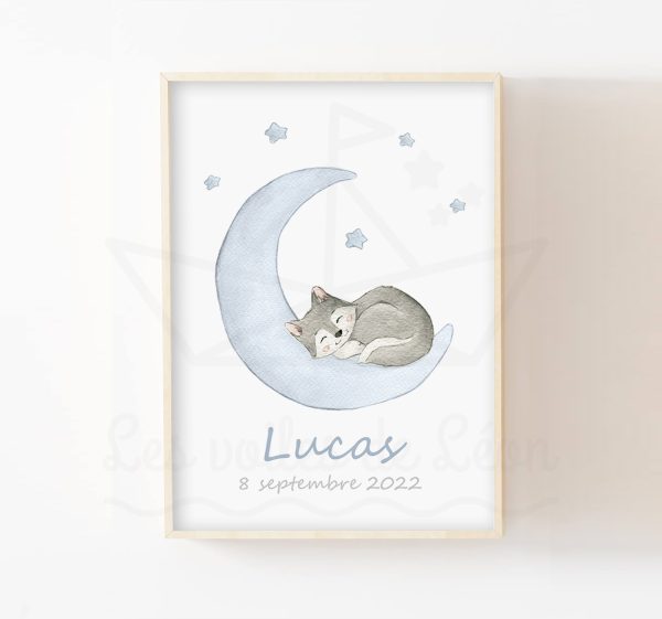 Aquarelle bébé loup lune poster personnalisé prénom