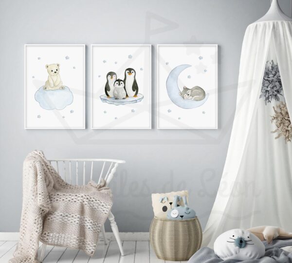 cadres polaire famille pingouin ours nuage loup lune étoiles déco murale chambre bébé