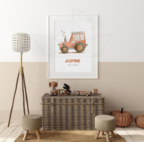 cadre tracteur bébé rouge terracotta prénom date personnalisé