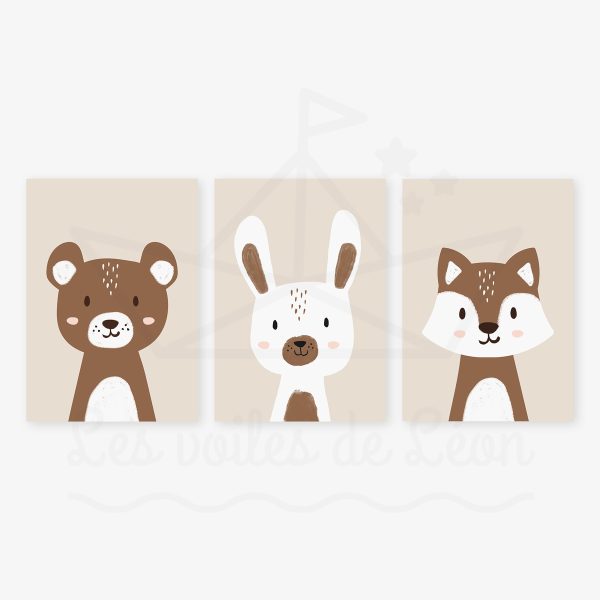 affiches trio ours lapin renard beige
