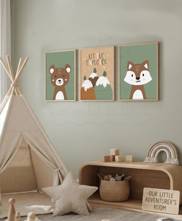 cadres trio ours renard little explorer vert déco chambre bébé forêt