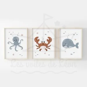 Mer – Pieuvre Crabe Baleine – Trio affiches