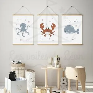 Mer – Pieuvre Crabe Baleine – Trio affiches