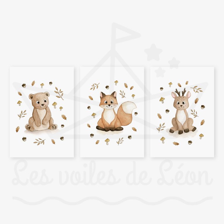 Trio d'affiches de la foret pour enfant ours renard cerf