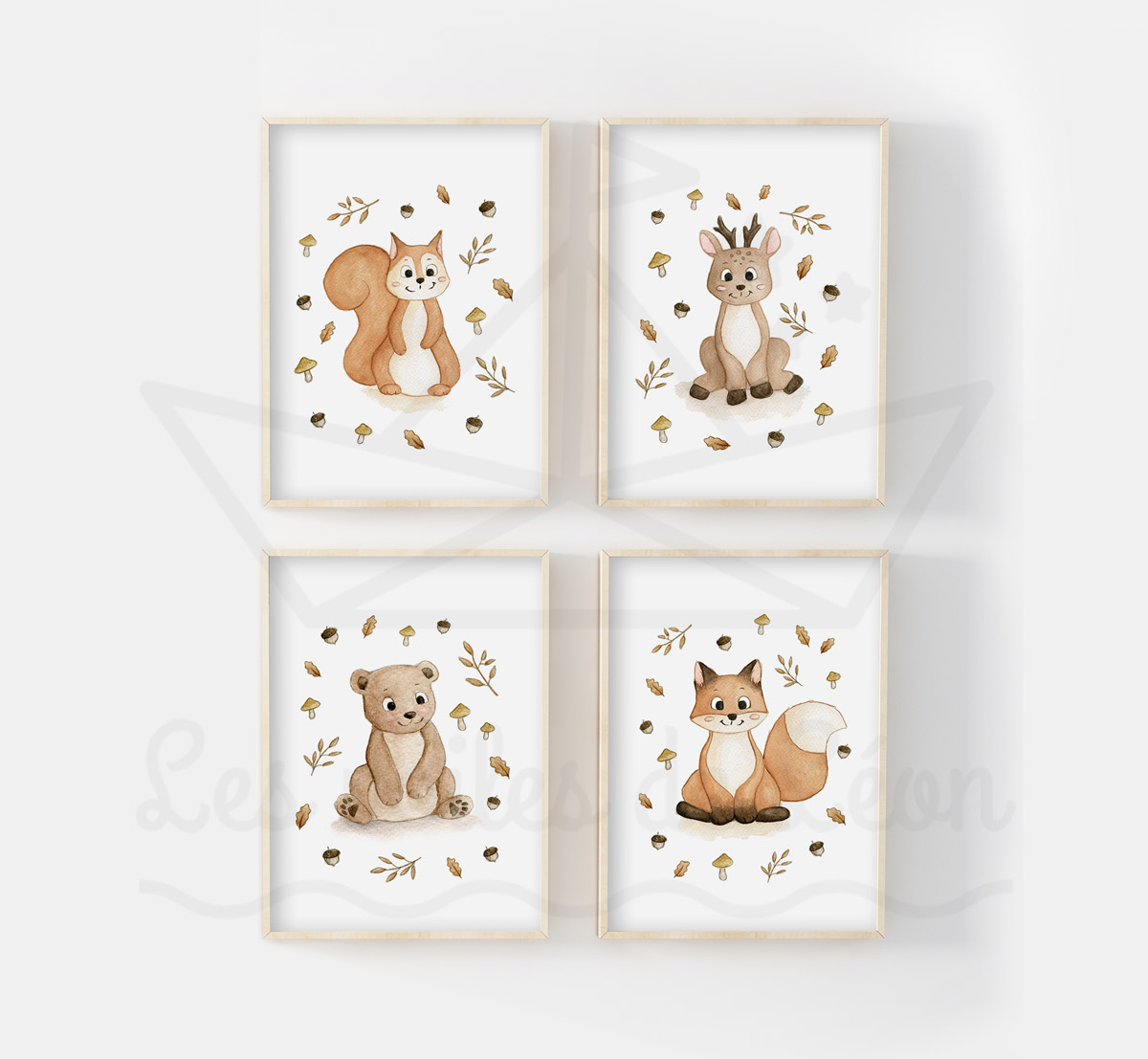 posters animaux forêt écureuil cerf ours renard quatuor aquarelles