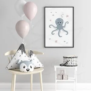 Pieuvre Bleu gris – Affiche Mer pour enfant