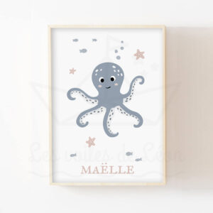 Pieuvre Bleu gris – Affiche Mer pour enfant