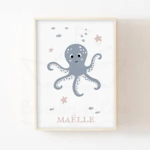 Pieuvre Bleu gris – Affiche Mer pour enfant