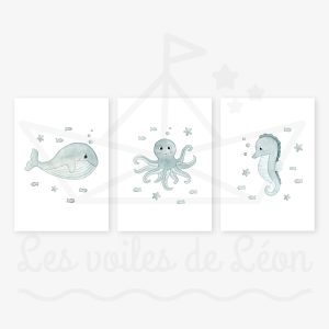 Mer Baleine Pieuvre Hippocampe Trio Aquarelles