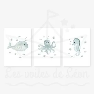 Mer Baleine Pieuvre Hippocampe Trio Aquarelles