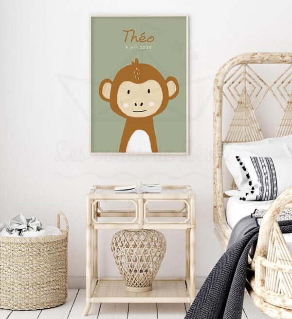 Affiche enfant singe vert olivve prénom