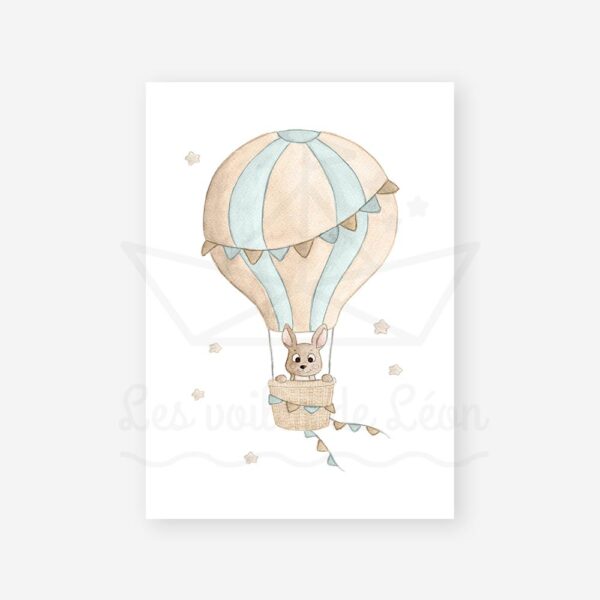 affiche lapin montgolfière bleu céladon étoiles