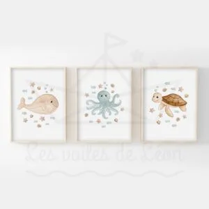 Mer Baleine Pieuvre Tortue Trio Aquarelles