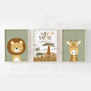 Wild Safari Lion Girafe – Lot 3 Affiches personnalisées jungle