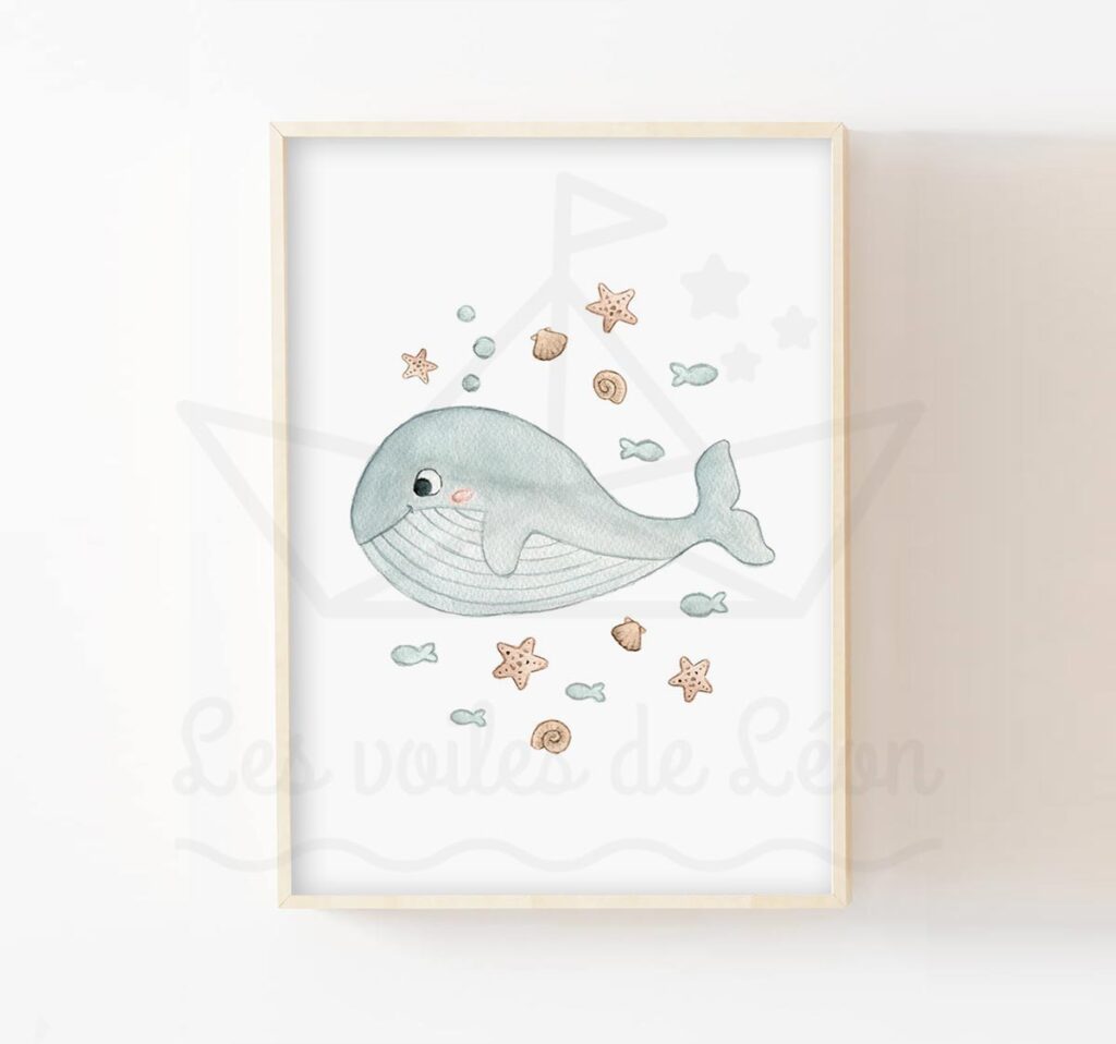 Affiche baleine enfant mer - Idée cadeau naissance bébé aquarelle