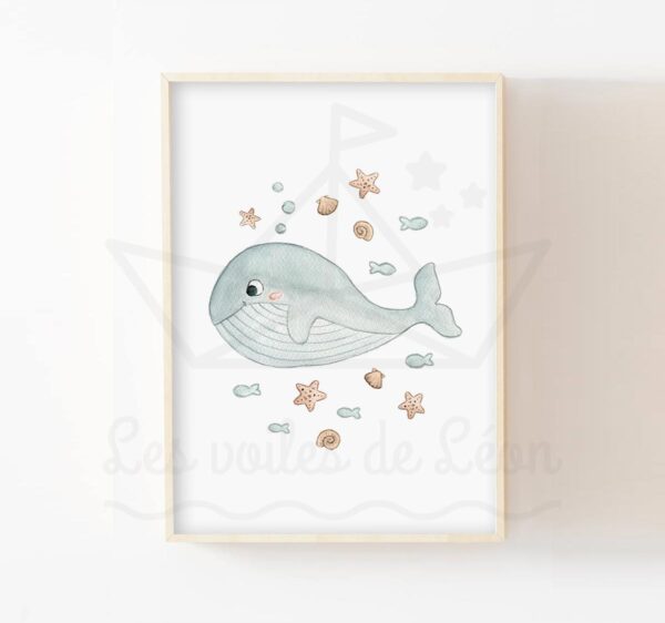 Affiche baleine enfant mer idée cadeau naissance bébé aquarelle
