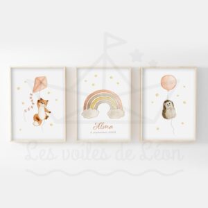Renard Arc-en-ciel Hérisson – Lot 3 Aquarelles personnalisées