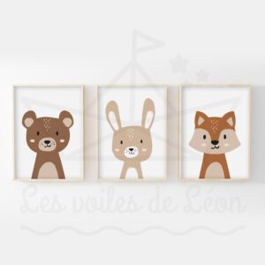 Affiches animaux forêt  – Lot 3 posters chambre bébé