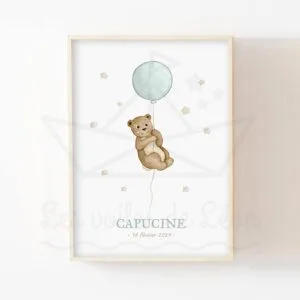 Ciel-  Affiche Ourson Ballon – Aquarelle individuelle prénom
