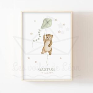 Affiche Ourson Cerf-volant – Aquarelle individuelle prénom