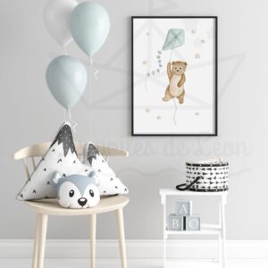 Affiche Ourson Cerf-volant – Aquarelle individuelle prénom