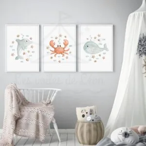 Tableau Chambre Enfant Thème Marin – Lot de 3 Affiches Aquarelle Crabe, Dauphin et Baleine