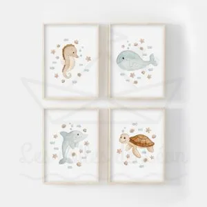 Mer Baleine Hipocampe Dauphin Tortue Quatuor Aquarelles