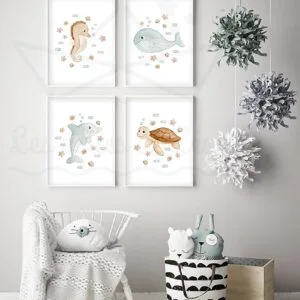 Mer Baleine Hipocampe Dauphin Tortue Quatuor Aquarelles