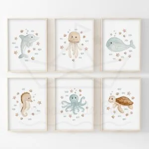 Lot de 6 Affiches Animaux Marins – Collection Aquarelle Chambre Bébé Thème Océan