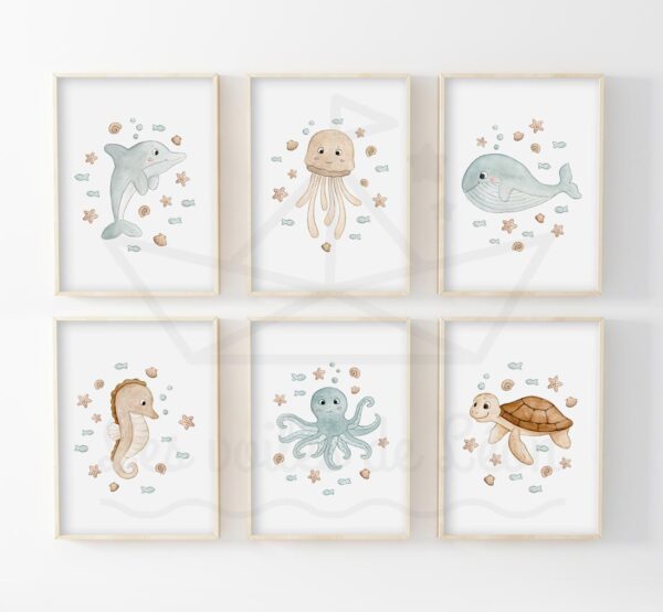 Lot 6 affiches chambre bébé océan dessins aquarelles mer enfant