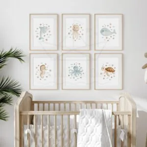 Lot de 6 Affiches Animaux Marins – Collection Aquarelle Chambre Bébé Thème Océan
