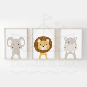 Savane – Hipopotame Lion Éléphant – Trio Affiches