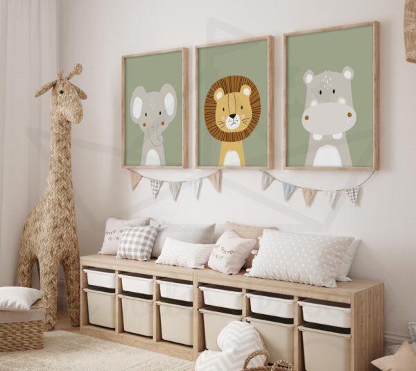 cadres éléphant lion hippo vert olive déco murale chambre bébé