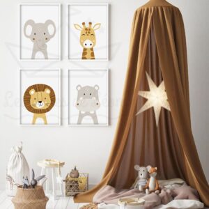 Savane – Lion Hippopotame Girafe Éléphant – Lot 4 affiches