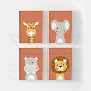 Savane – Lion Hippopotame Girafe Éléphant – Lot 4 affiches