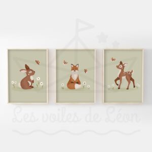 Forêt Printemps – Lapin Renard Faon – Lot 3 affiches