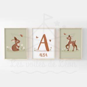Forêt – Lapin Initiale prénom Faon – Lot 3 affiches