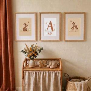 Affiche Animaux de la Forêt Chambre Bébé – Lot de 3 Posters Initiale Prénom, Faon et Lapin