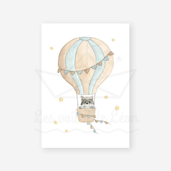 affiche raton-laveur montgolfière bleu céladon étoiles