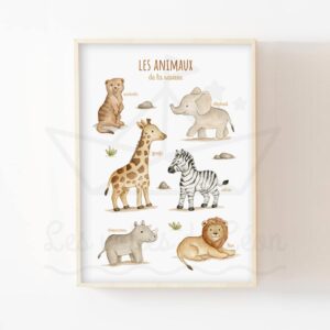 Affiche éducative Animaux savane – Aquarelle individuelle
