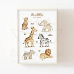 Affiche éducative Animaux savane – Aquarelle individuelle