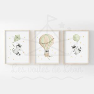 Ciel – raton-laveurs Ballon Montgolfière Cerf-volant – Trio Aquarelles