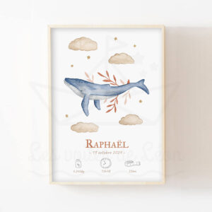 Affiche Baleine enfant – Aquarelle personnalisable prénom