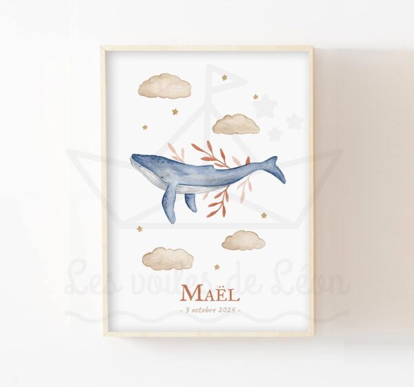 Poster baleine enfant prénom Déco chambre bébé mer aquarelle