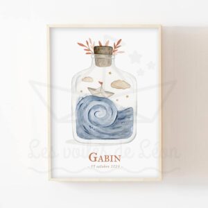Bateau en papier & bouteille à la mer – Aquarelle thème mer