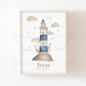 Affiche Phare étoiles enfant – Aquarelle individuelle